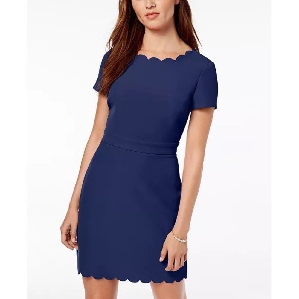 Maison Jules Womens Dress Size 6 Navy Blue Scalloped Hem Sheath Short Sleeve